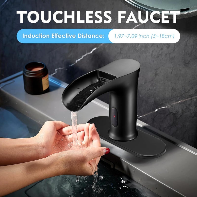 CDLODIN Automatic Sensor Touchless Waterfall Bathroom Sink Faucet, Modern Electronic Sensor Lavatory Faucet, Matte Black Hands Free Vanity Faucets with Control Box and Temperature Mixer - Image 2